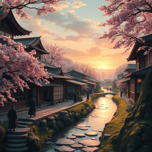 A picturesque ninja village background, filled with traditional Japanese architecture, wooden houses with curved roofs, and cherry blossom trees in full bloom
