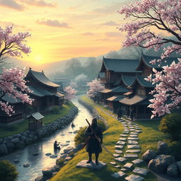 A picturesque ninja village background, filled with traditional Japanese architecture, wooden houses with curved roofs, and cherry blossom trees in full bloom