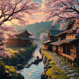A picturesque ninja village background, filled with traditional Japanese architecture, wooden houses with curved roofs, and cherry blossom trees in full bloom