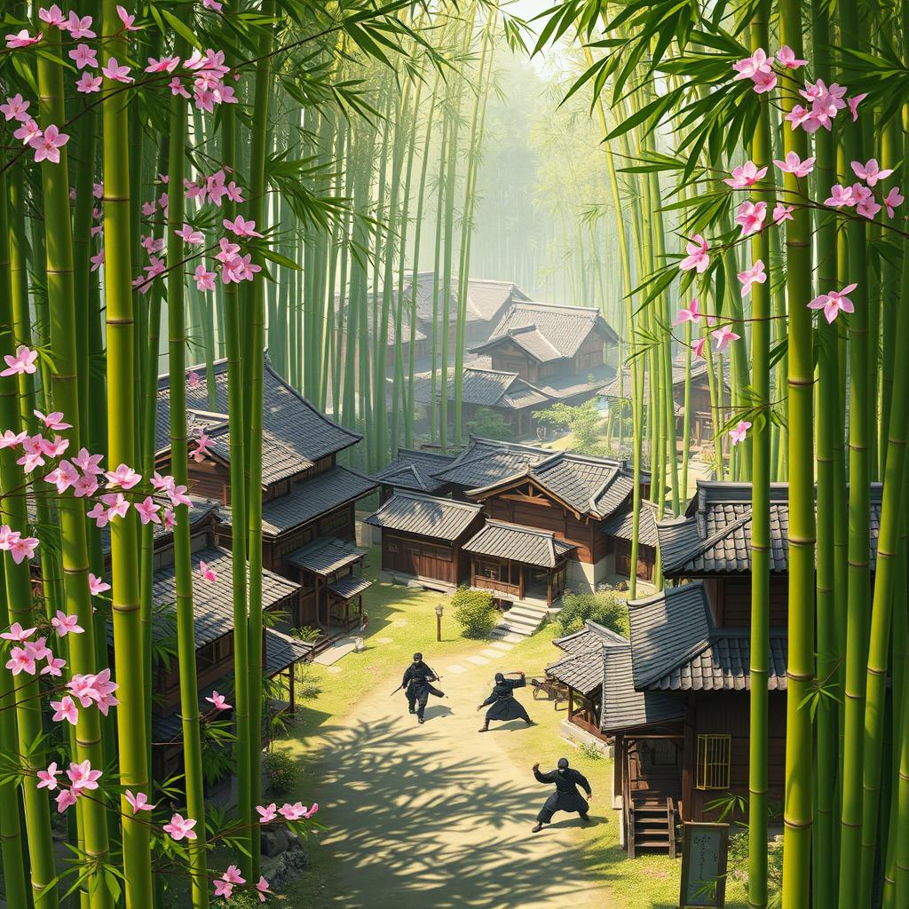 A vibrant ninja village scene surrounded by towering bamboo groves