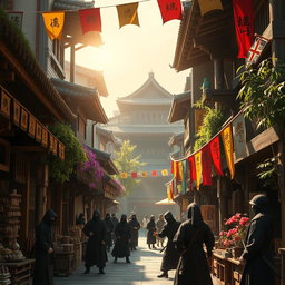 A close-up scene of a ninja village street, bustling with life and activity
