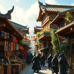 A close-up scene of a ninja village street, bustling with life and activity
