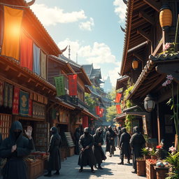 A close-up scene of a ninja village street, bustling with life and activity