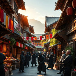 A close-up scene of a ninja village street, bustling with life and activity