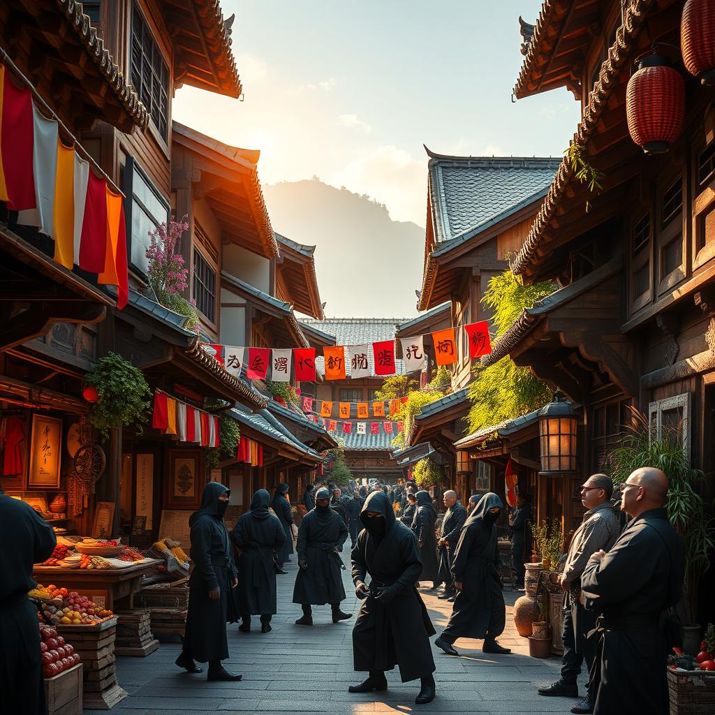 A close-up scene of a ninja village street, bustling with life and activity