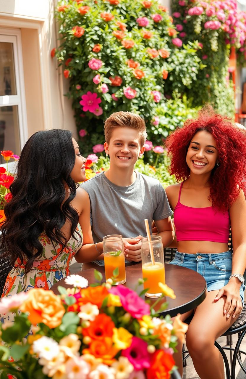 A scene featuring three friends, two girls and one boy, enjoying a sunny day at a vibrant outdoor café