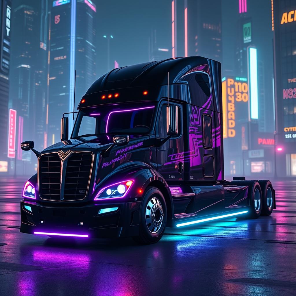 a cyberpunk style 2025 Cascadia Freightliner in striking black and purple, showcasing an aggressive and futuristic design with sharp corners and sleek chrome elements