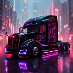 a cyberpunk style 2025 Cascadia Freightliner in striking black and purple, showcasing an aggressive and futuristic design with sharp corners and sleek chrome elements
