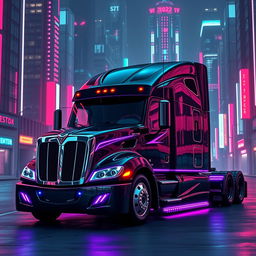 a cyberpunk style 2025 Cascadia Freightliner in striking black and purple, showcasing an aggressive and futuristic design with sharp corners and sleek chrome elements