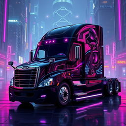 a cyberpunk style 2025 Cascadia Freightliner in striking black and purple, showcasing an aggressive and futuristic design with sharp corners and sleek chrome elements