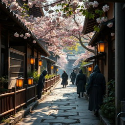 A close-up view of a peaceful ninja village street, showcasing traditional Japanese architecture with wooden houses, stone pathways, and lush greenery