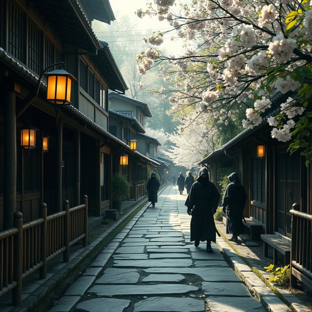 A close-up view of a peaceful ninja village street, showcasing traditional Japanese architecture with wooden houses, stone pathways, and lush greenery