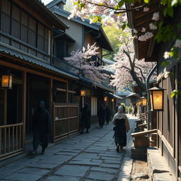 A close-up view of a peaceful ninja village street, showcasing traditional Japanese architecture with wooden houses, stone pathways, and lush greenery