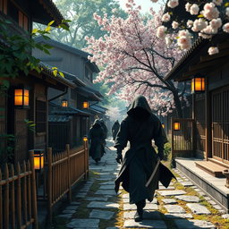 A close-up view of a peaceful ninja village street, showcasing traditional Japanese architecture with wooden houses, stone pathways, and lush greenery