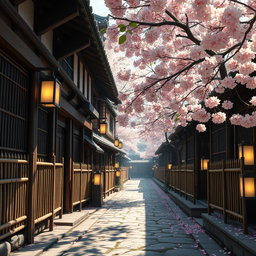 A detailed close-up view of a tranquil ninja village street, devoid of people, featuring traditional Japanese architecture with wooden houses and stone pathways