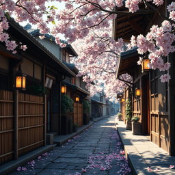 A detailed close-up view of a tranquil ninja village street, devoid of people, featuring traditional Japanese architecture with wooden houses and stone pathways