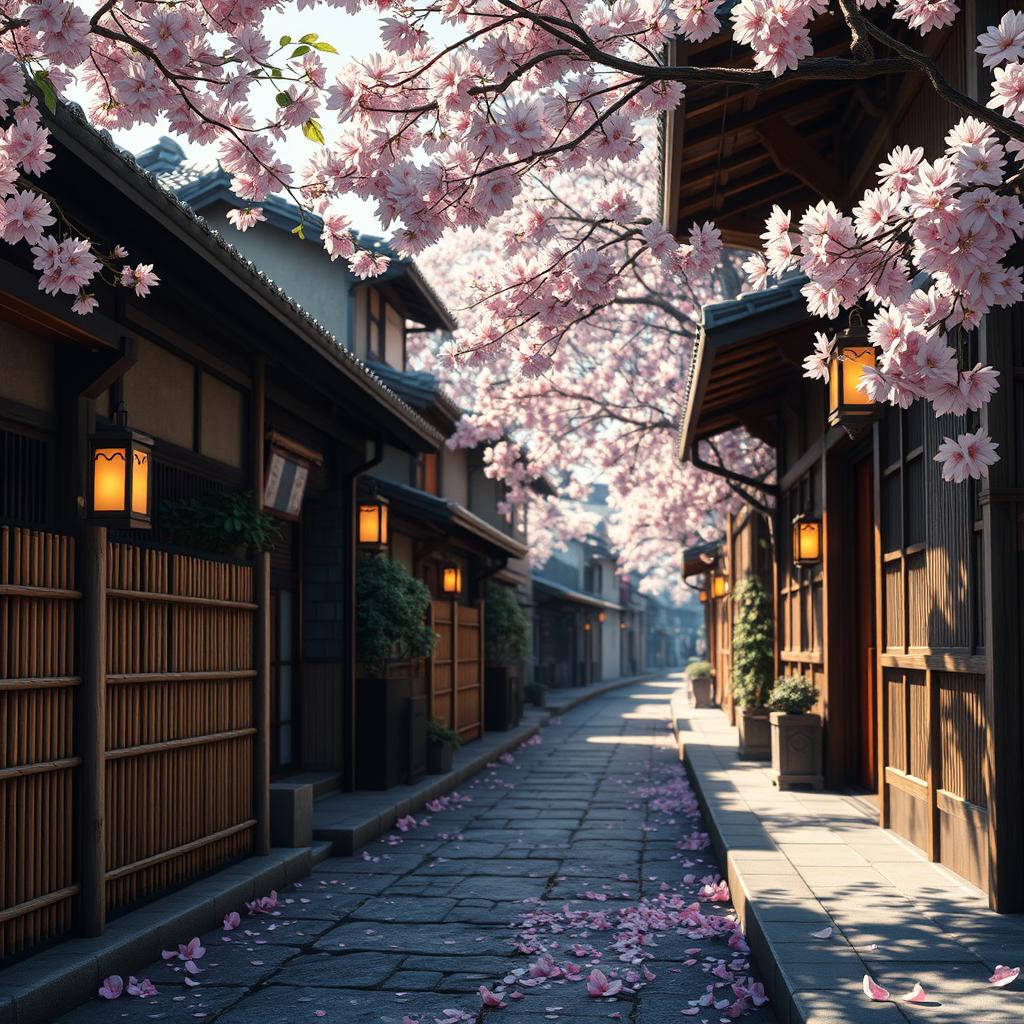 A detailed close-up view of a tranquil ninja village street, devoid of people, featuring traditional Japanese architecture with wooden houses and stone pathways