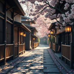 A detailed close-up view of a tranquil ninja village street, devoid of people, featuring traditional Japanese architecture with wooden houses and stone pathways
