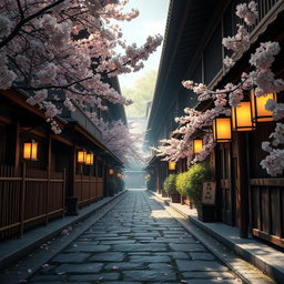 A detailed close-up view of a tranquil ninja village street, devoid of people, featuring traditional Japanese architecture with wooden houses and stone pathways