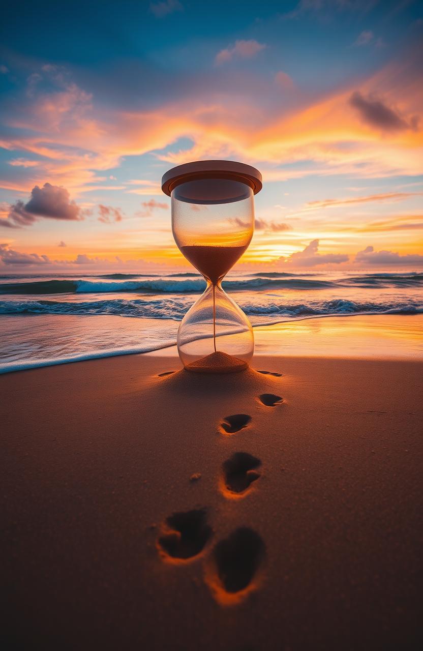A serene scene depicting a large hourglass set on a beach, with golden sand flowing through it