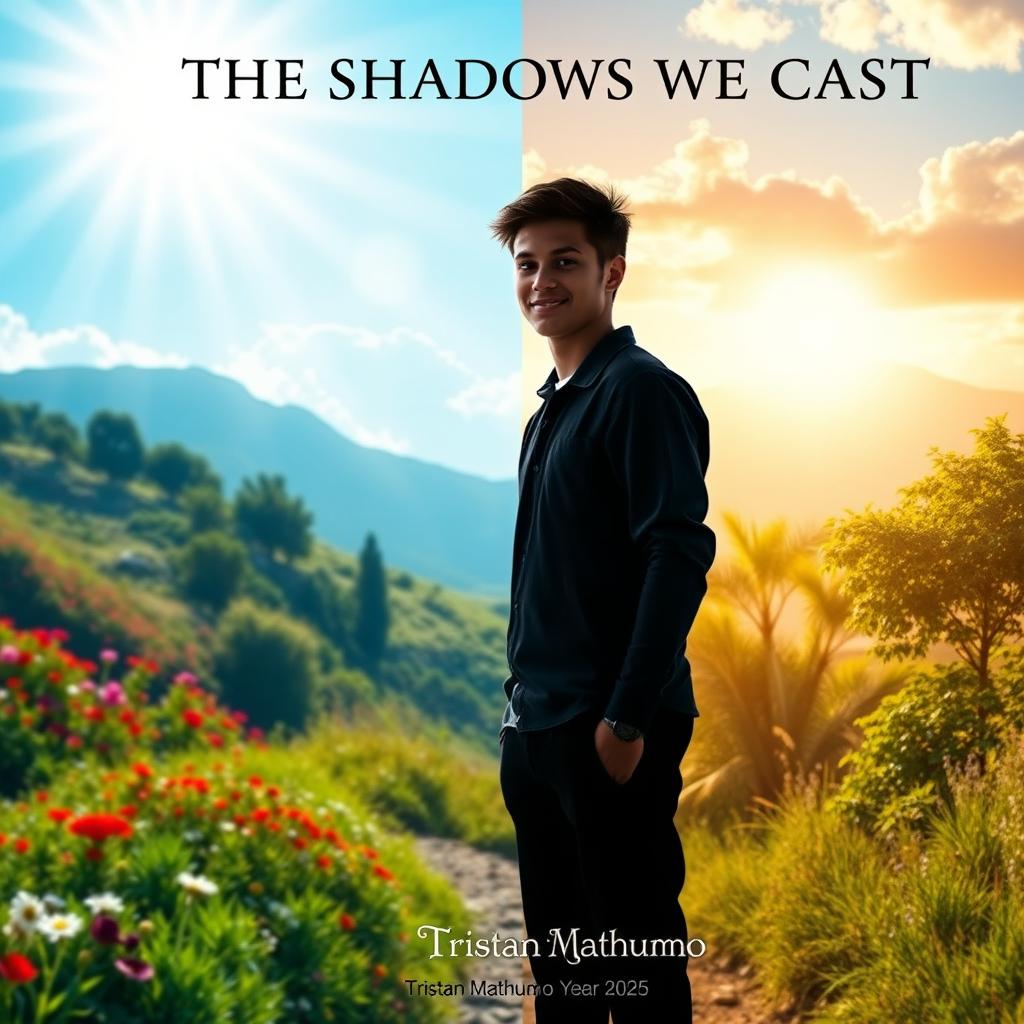 A visual representation of a lonely young man standing in the center of a picturesque landscape, capturing his journey from sadness to hope