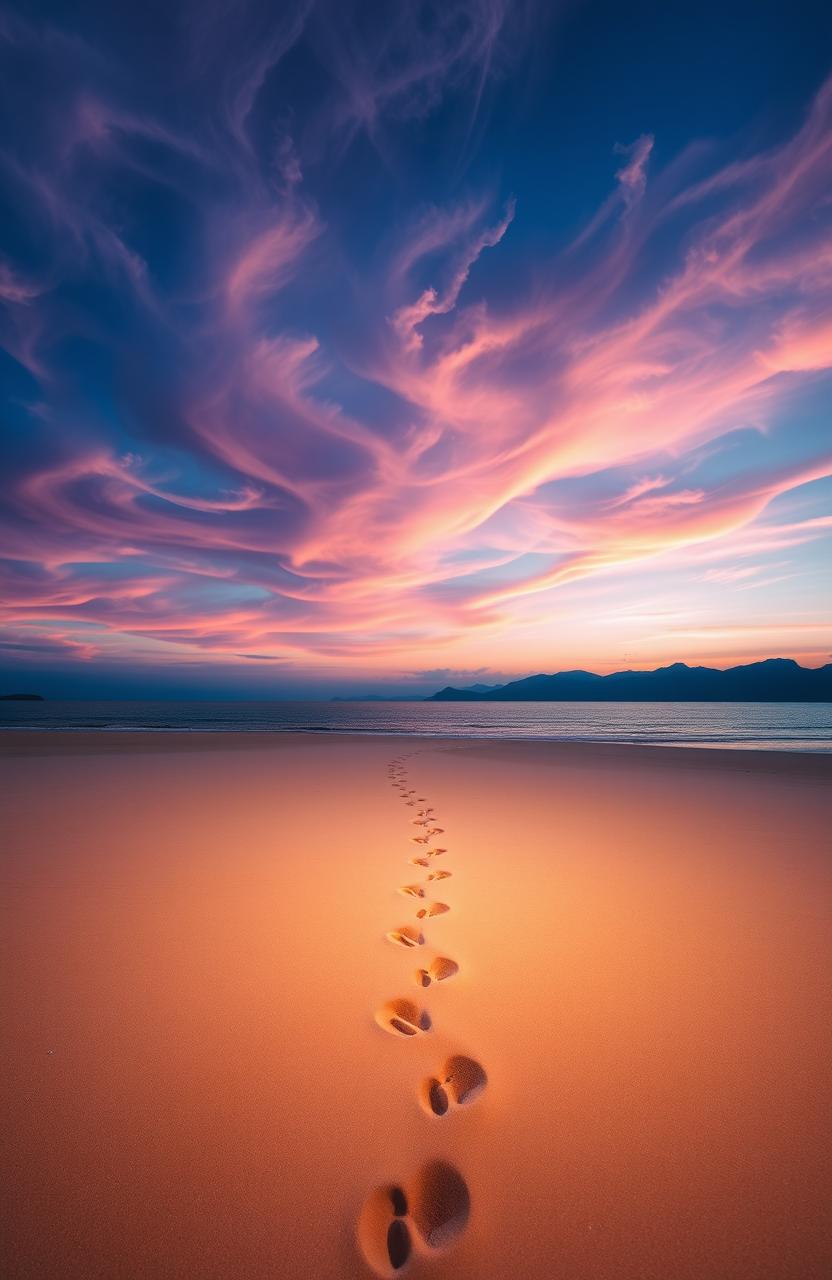 A surreal scene depicting a dreamlike landscape named 'Langkah di atas pasir waktu'
