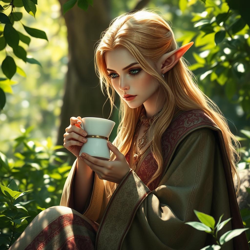 A graceful high elf with pointed ears and shimmering golden hair, elegantly dressed in ornate, flowing robes adorned with intricate patterns