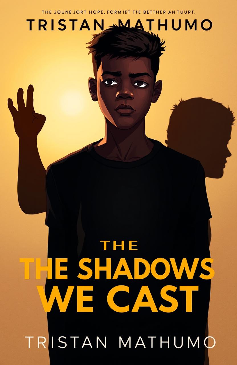 A bold and attractive book cover for 'THE SHADOWS WE CAST' by Tristan Mathumo, featuring a young man with a melancholic expression, symbolizing loneliness but holding a glimmer of hope for a better future