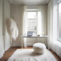 A diminutive room featuring a large laptop table and chair, accompanied by a tall standing mirror. The floors are adorned with a fur carpet, while the windows showcase sheer white net curtains.