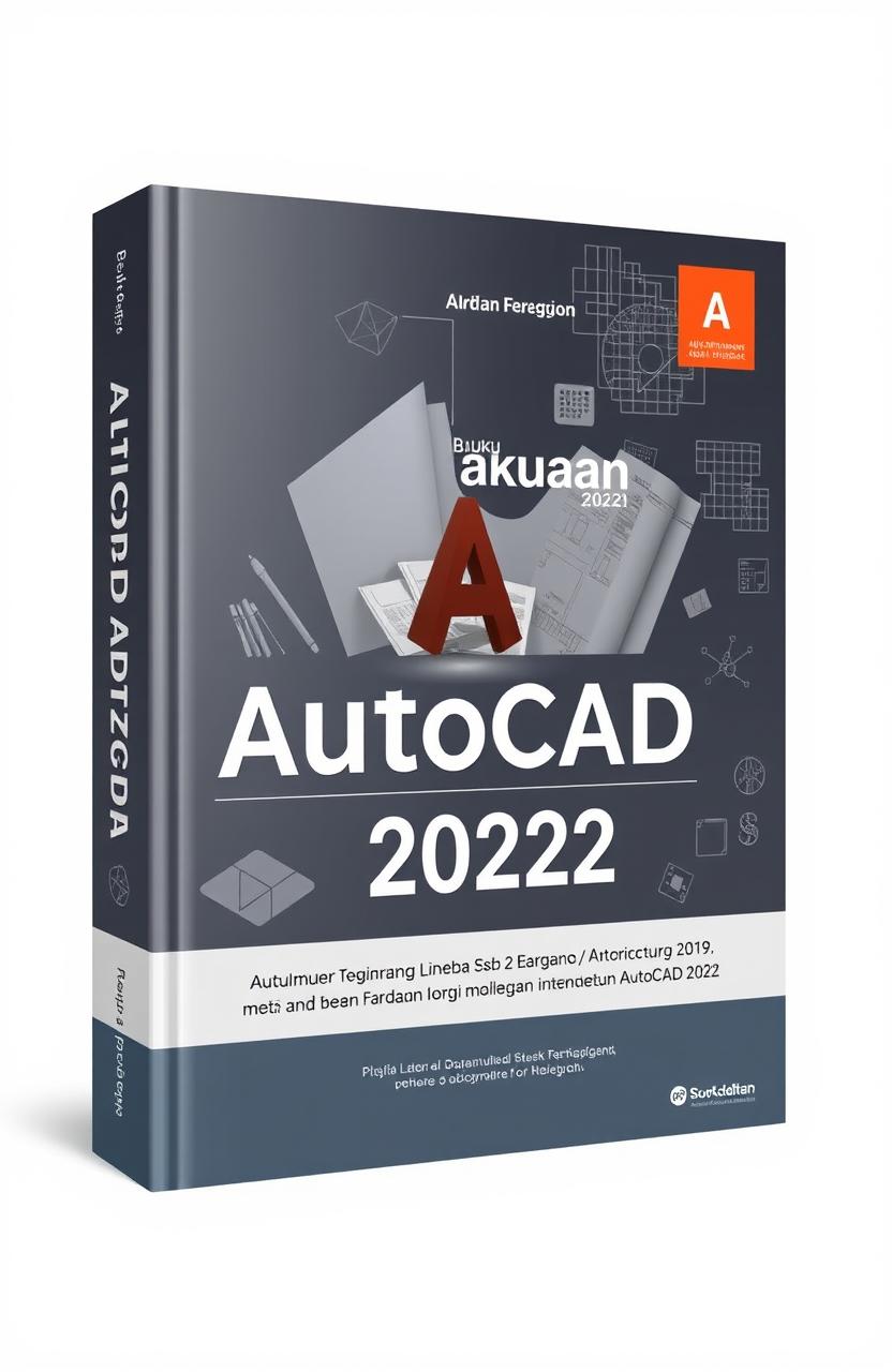 A beautifully designed book cover for 'Buku Panduan AutoCAD 2022', featuring a sleek modern design with elements symbolizing architecture and engineering such as blueprints, drafting tools, and a digital grid background