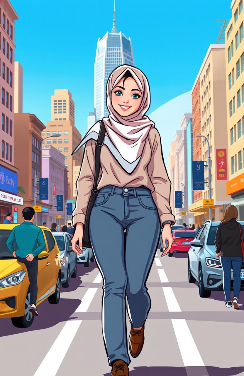 A vector illustration of a young hijab-wearing woman walking confidently in a bustling city