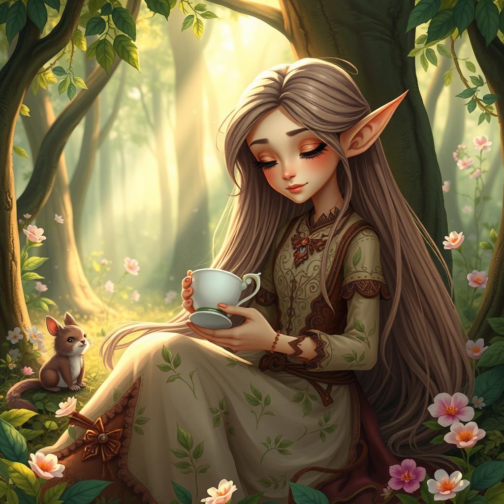 A whimsical scene of an elegant elf with long flowing hair, seated in a serene, magical forest