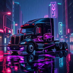 a cyberpunk style 2025 Cascadia Freightliner in a striking black and purple color scheme, featuring an aggressive design with sharp corners, complemented by luxurious black leather and vivid glowing neon colors