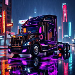 a cyberpunk style 2025 Cascadia Freightliner in a striking black and purple color scheme, featuring an aggressive design with sharp corners, complemented by luxurious black leather and vivid glowing neon colors