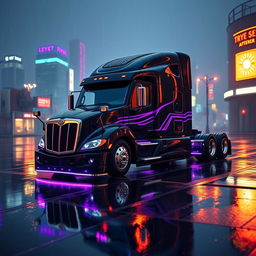 a cyberpunk style 2025 Cascadia Freightliner in a striking black and purple color scheme, featuring an aggressive design with sharp corners, complemented by luxurious black leather and vivid glowing neon colors