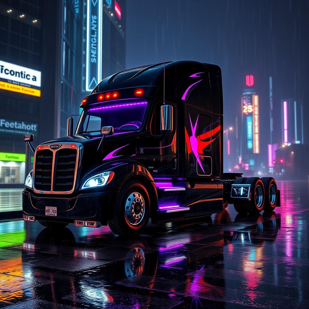 a cyberpunk style 2025 Cascadia Freightliner in a striking black and purple color scheme, featuring an aggressive design with sharp corners, complemented by luxurious black leather and vivid glowing neon colors