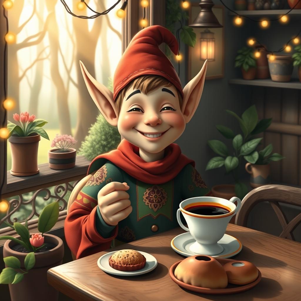 A whimsical scene of a cheerful elf sitting at a quaint café, enjoying a cup of espresso