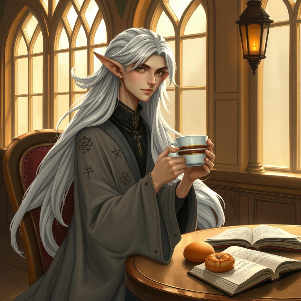 A high elf with flowing silver hair and intricate facial features, sitting in a cozy café