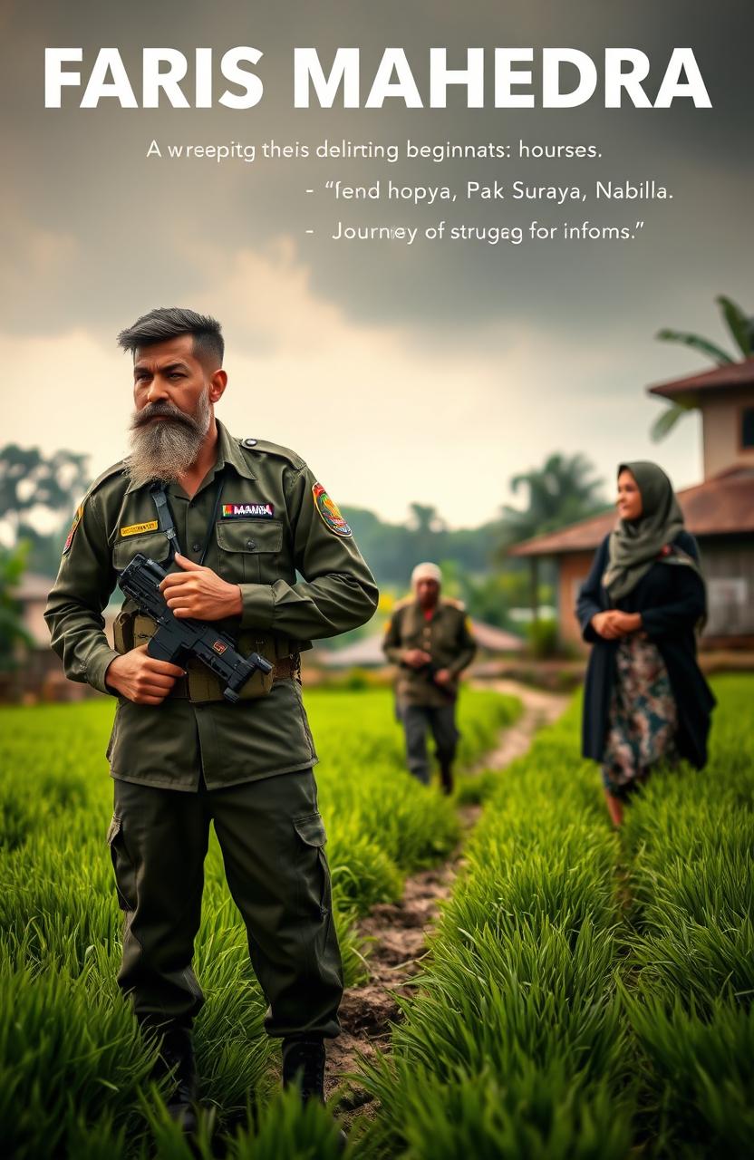 A poignant and inspiring scene of a young male soldier, Faris Mahendra, standing in a rural village