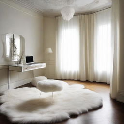 A diminutive room featuring a large laptop table and chair, accompanied by a tall standing mirror. The floors are adorned with a fur carpet, while the windows showcase sheer white net curtains.