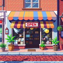 A vibrant pixel art depiction of a charming shop exterior, showcasing a quaint storefront with a colorful awning, large glass windows displaying unique merchandise, and a welcoming open sign