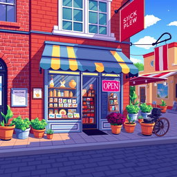 A vibrant pixel art depiction of a charming shop exterior, showcasing a quaint storefront with a colorful awning, large glass windows displaying unique merchandise, and a welcoming open sign
