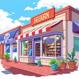 A vibrant pixel art depiction of a charming shop exterior, showcasing a quaint storefront with a colorful awning, large glass windows displaying unique merchandise, and a welcoming open sign