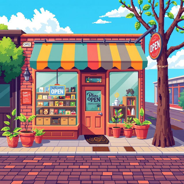 A vibrant pixel art depiction of a charming shop exterior, showcasing a quaint storefront with a colorful awning, large glass windows displaying unique merchandise, and a welcoming open sign