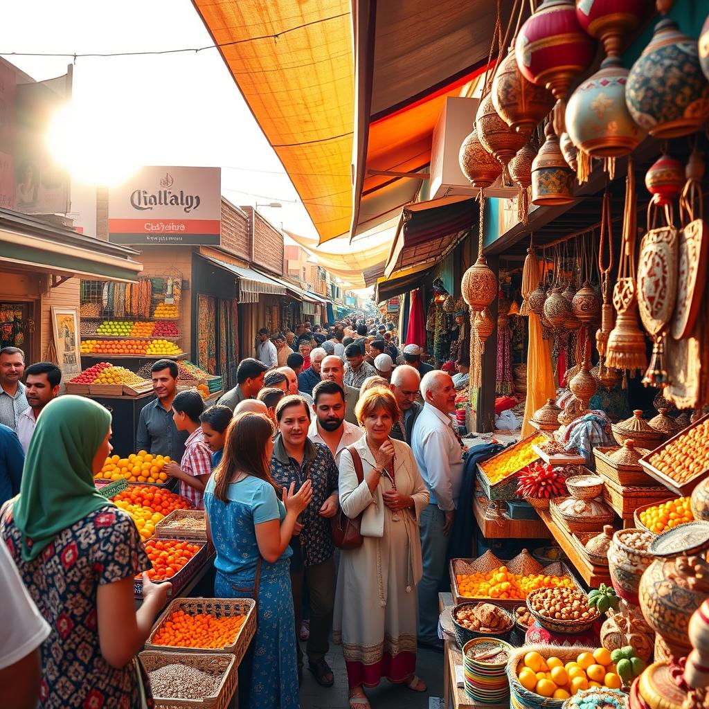 A vibrant, colorful video of a bustling marketplace in Marrakech, showcasing various stalls filled with fresh fruits, spices, textiles, and intricate handicrafts