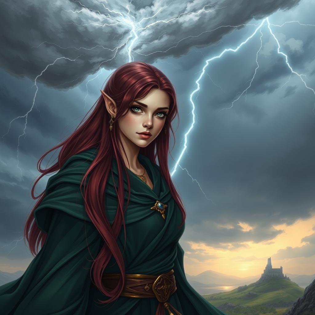 A noble female half-elf storm sorcerer with long, flowing dark red hair cascading down her shoulders, striking gray eyes that shimmer with power, dressed in elegant dark green robes that flow with the wind