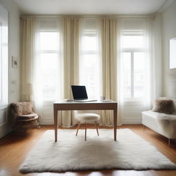 A diminutive room featuring a large laptop table and chair, accompanied by a tall standing mirror. The floors are adorned with a fur carpet, while the windows showcase sheer white net curtains.