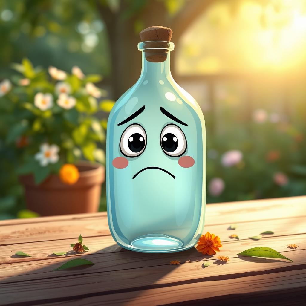 A whimsical illustration of a sad-faced bottle, with large, oversized teary eyes and a frown