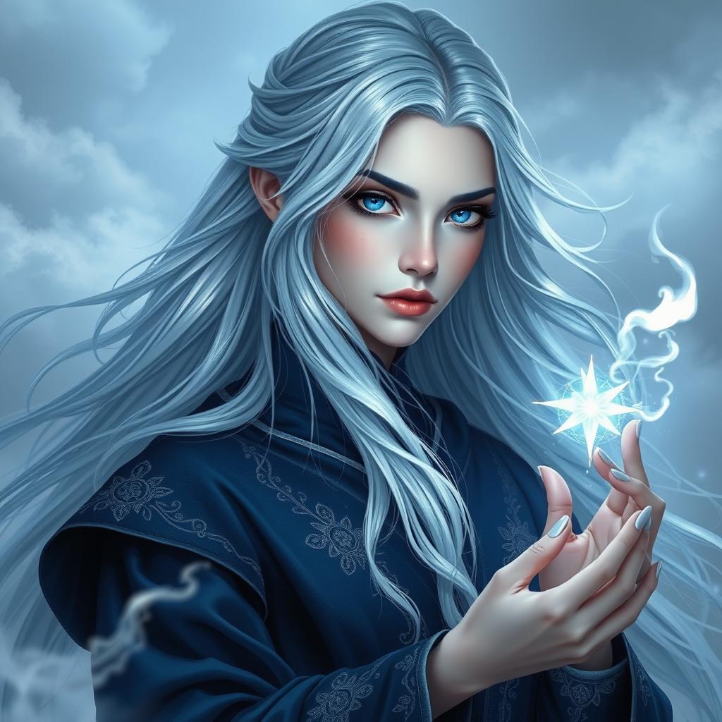 A noble female air genasi sorcerer with long, flowing pale blue hair that cascades down her back