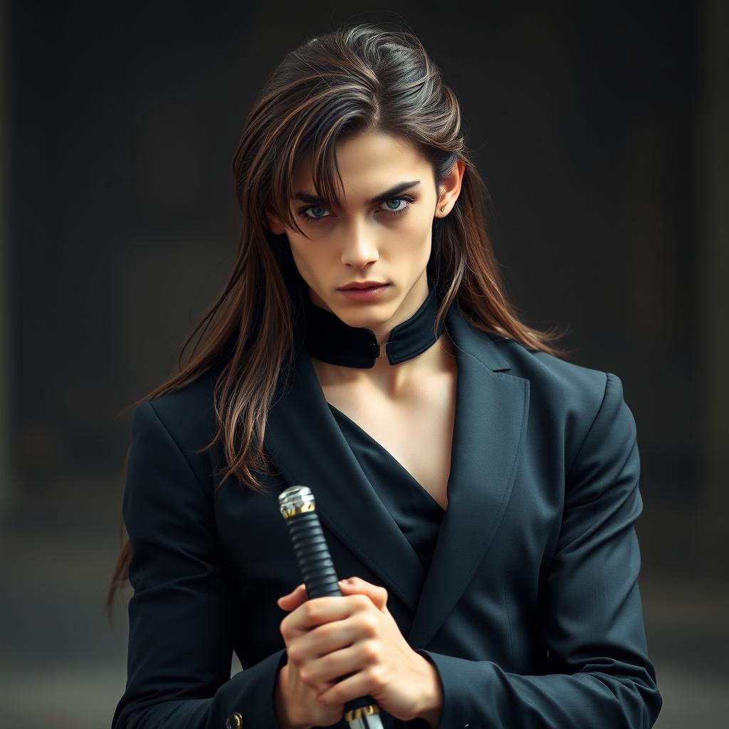 A young adult man with long brown hair and grayish eyes, wearing elegant black attire